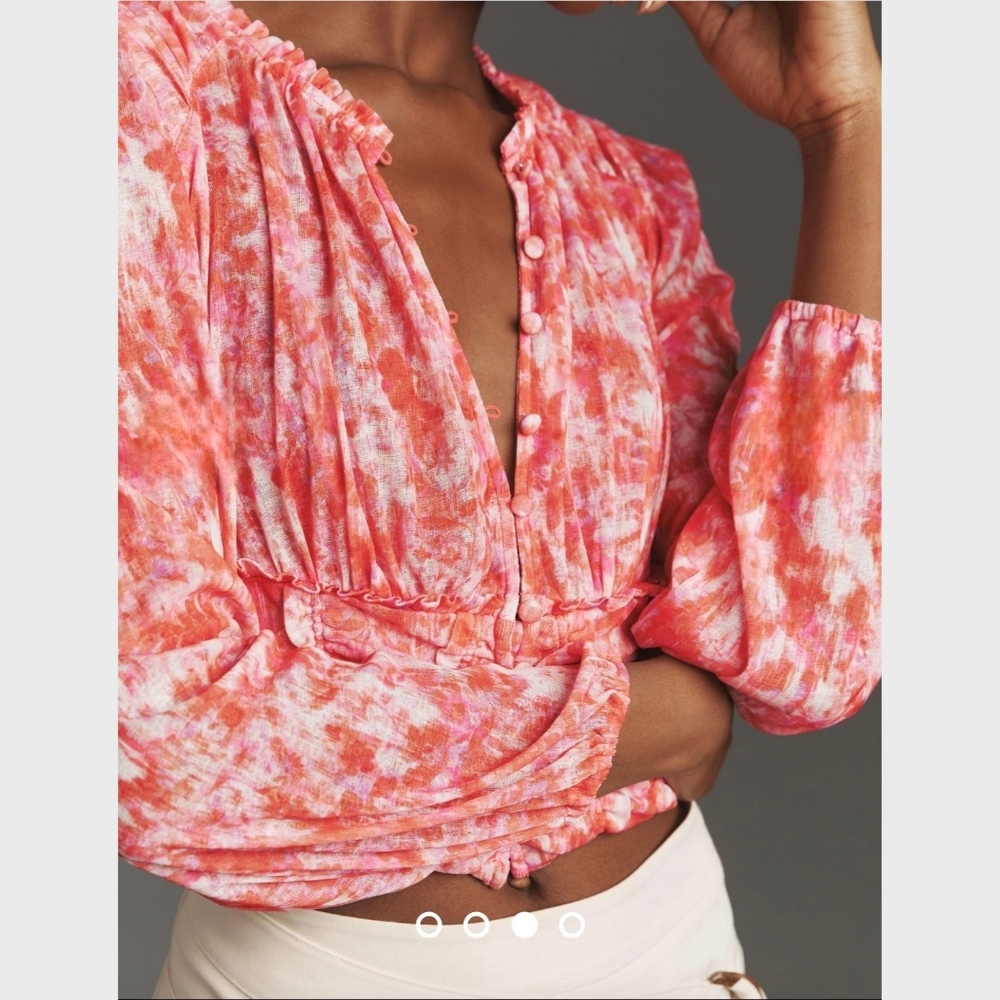 Anthropologie Long-Sleeve Femme Ruched Button-Up Crop Top